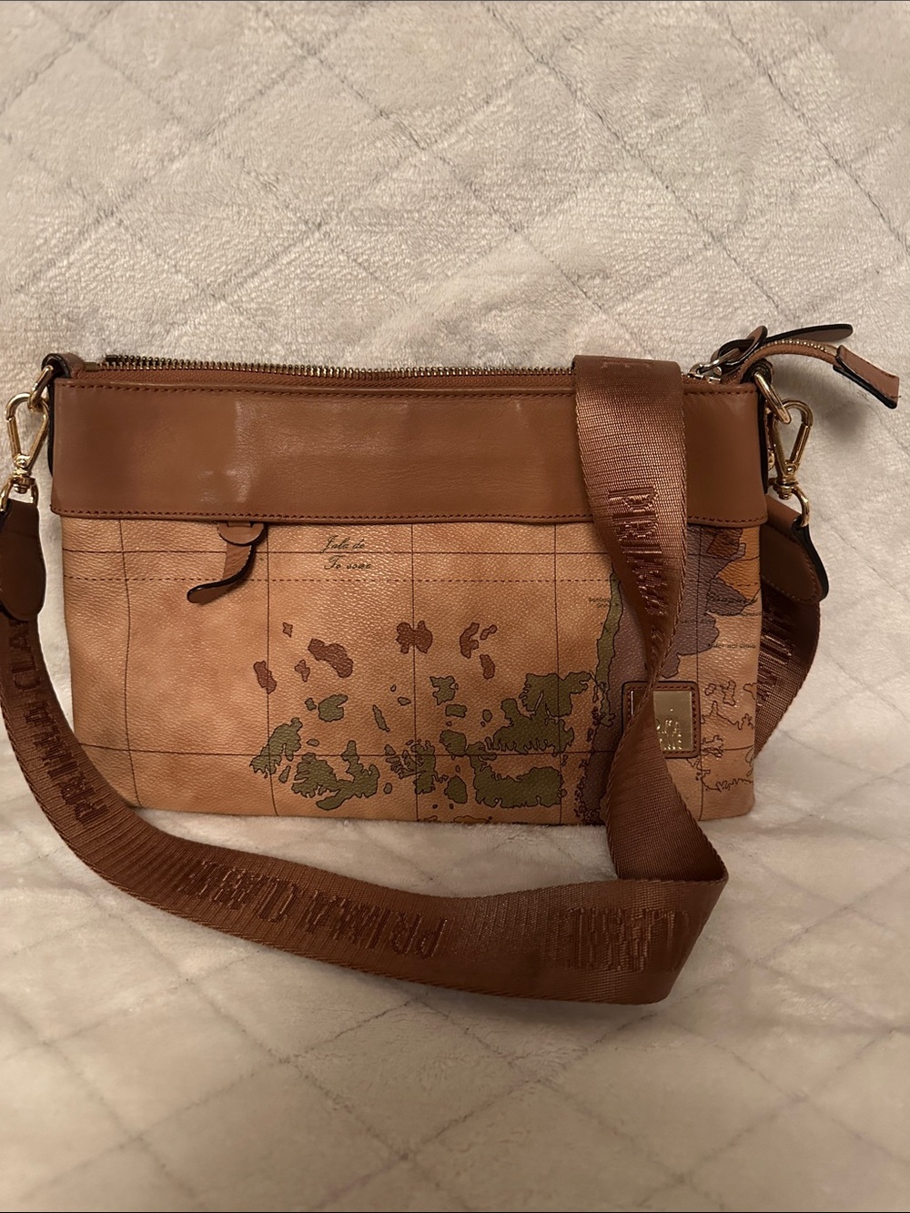 Brown Map-Print Crossbody Bag with Wide Strap